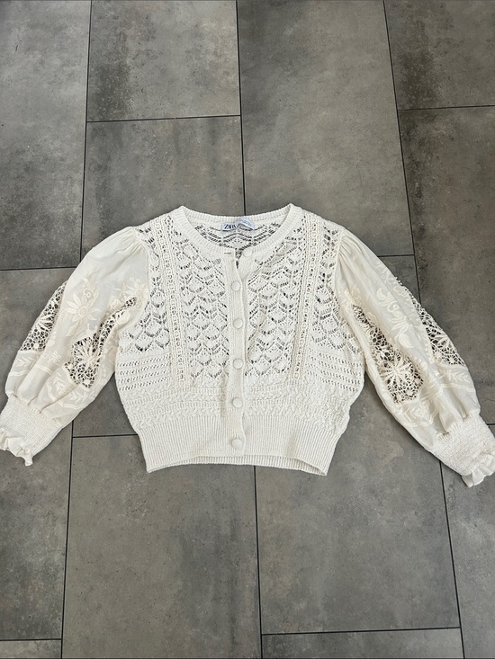 Zara Sweaters - Zara cream crochet lace knit cropped cardigan sweater small